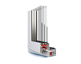 Un primo piano di una finestra bianca con una rifinitura rossa su uno sfondo bianco.