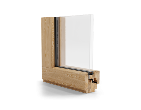 Una finestra di legno con un vetro trasparente su uno sfondo bianco.