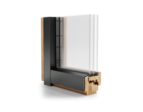 Primo piano di una finestra con cornice in legno su sfondo bianco.