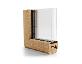 Un telaio di finestra in legno con una finestra in vetro trasparente.