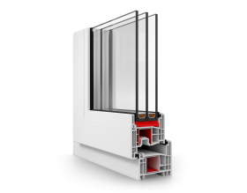 Una finestra bianca con tre vetri su uno sfondo bianco.