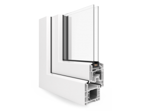 Un primo piano di una finestra bianca con un vetro trasparente su uno sfondo bianco.