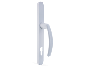 Una maniglia bianca con una serratura su uno sfondo bianco.