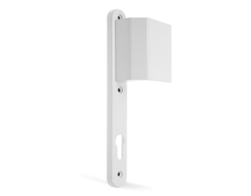 Una maniglia bianca con una serratura su uno sfondo bianco.