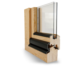 Un primo piano di una finestra in legno con una finestra in vetro