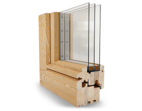 Un telaio di finestra in legno con due vetri su uno sfondo bianco.