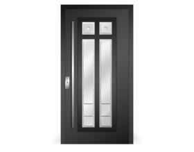 Una porta nera con due finestre quadrate e una maniglia su sfondo bianco.