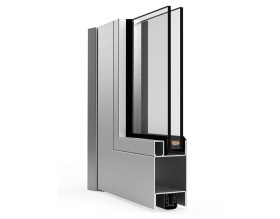 Primo piano di una porta scorrevole in vetro su sfondo bianco.