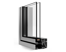 Primo piano di una porta scorrevole in vetro su sfondo bianco.