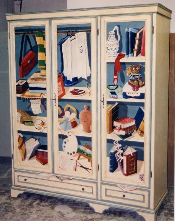 Un dipinto di un armadio pieno di vestiti e libri