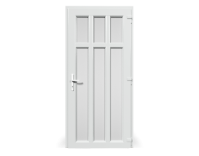 Una porta bianca con una maniglia su uno sfondo bianco.