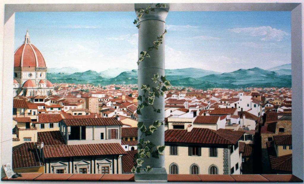 Un dipinto di una città con una cupola sullo sfondo