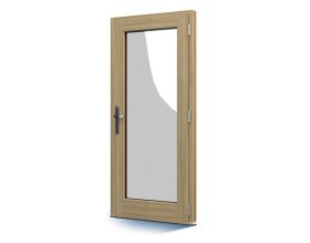 Una porta di legno con una finestra di vetro su uno sfondo bianco.