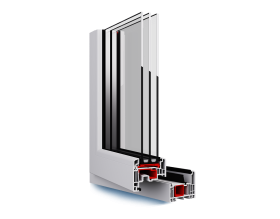 Un primo piano di una finestra bianca con una rifinitura rossa su uno sfondo bianco.