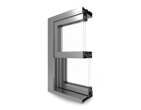 Primo piano di una finestra scorrevole in vetro su sfondo bianco.