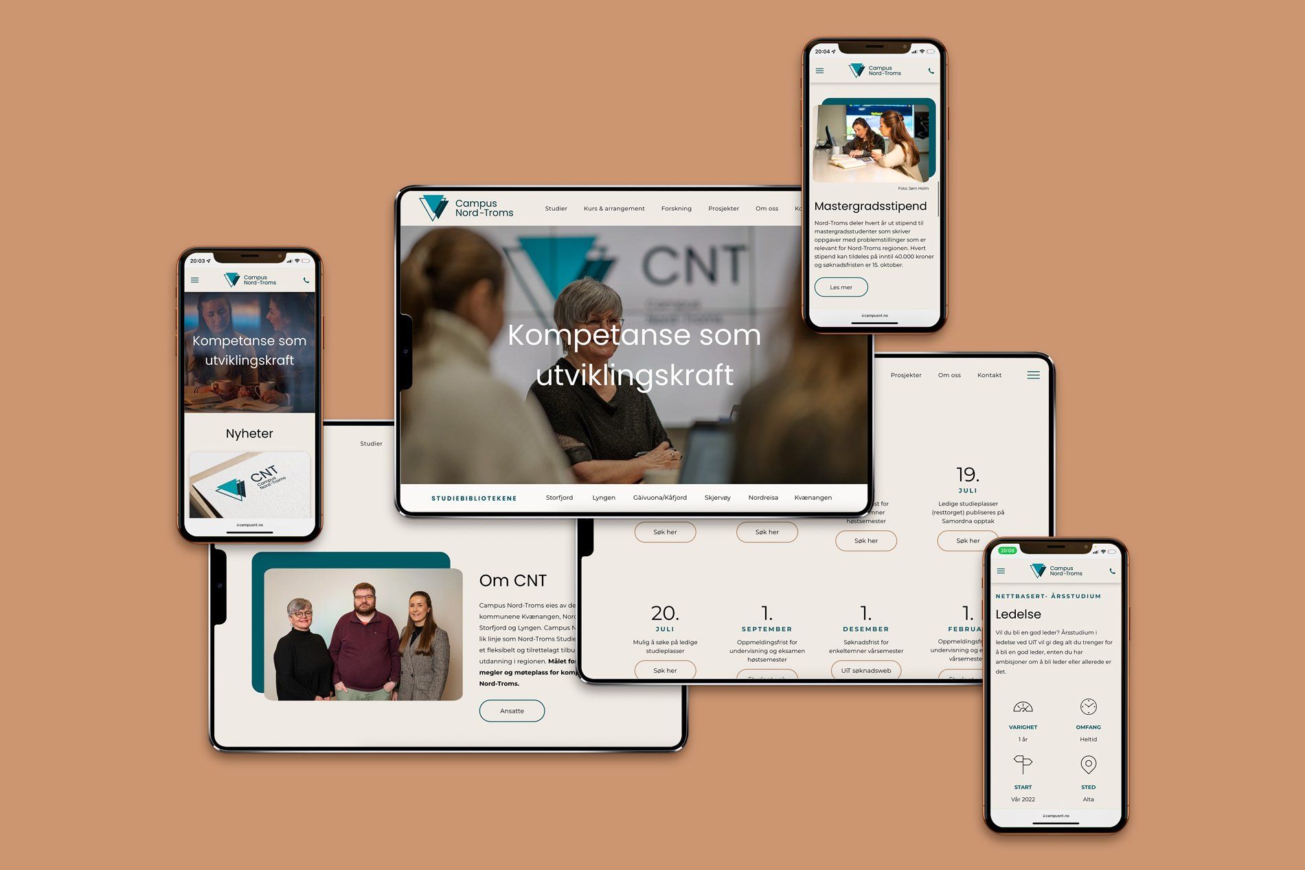 illustrasjoner av den nye nettsiden til campus nord-troms, på forskjellige apple-enheter