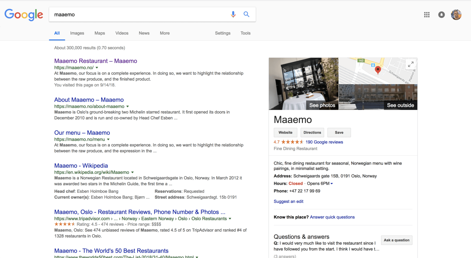 Skjermbilde av Google Min Bedrift-siden til Maaemo