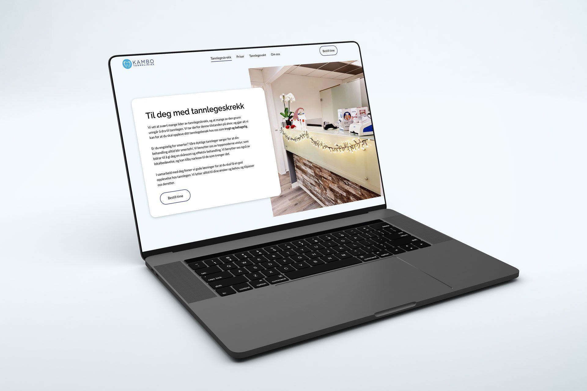 illustrasjon av nettsiden til kambo tannklinikk på en macbook pro, med lys bakgrunn