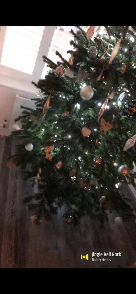 A decorated Christmas tree with lights and ornaments. The tree is in a room with a window.