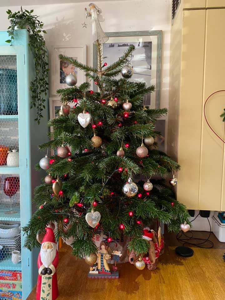 Christmas tree decorated with ornaments and red lights, indoors.
