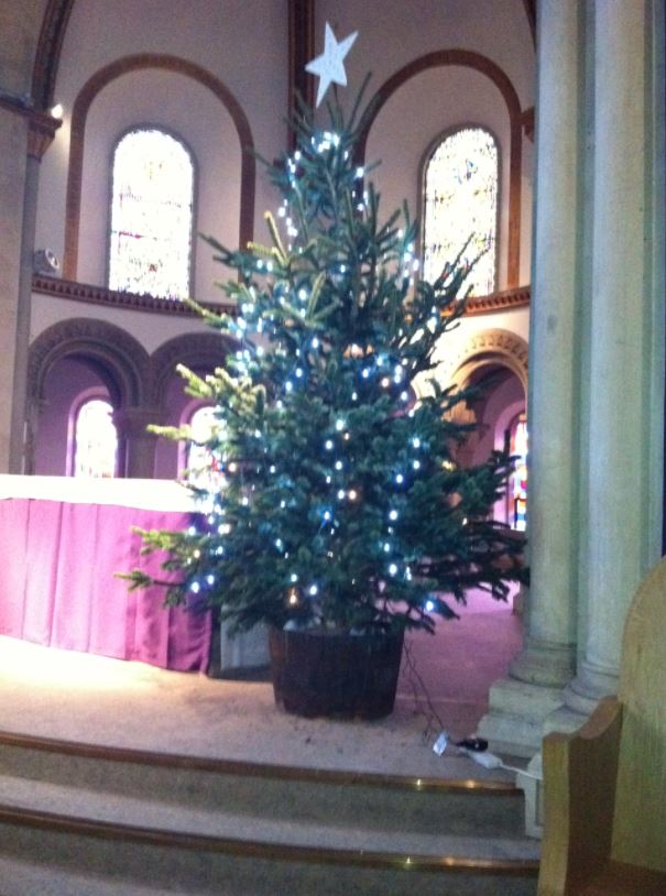 Christmas tree decorated with lights and star, inside a church.