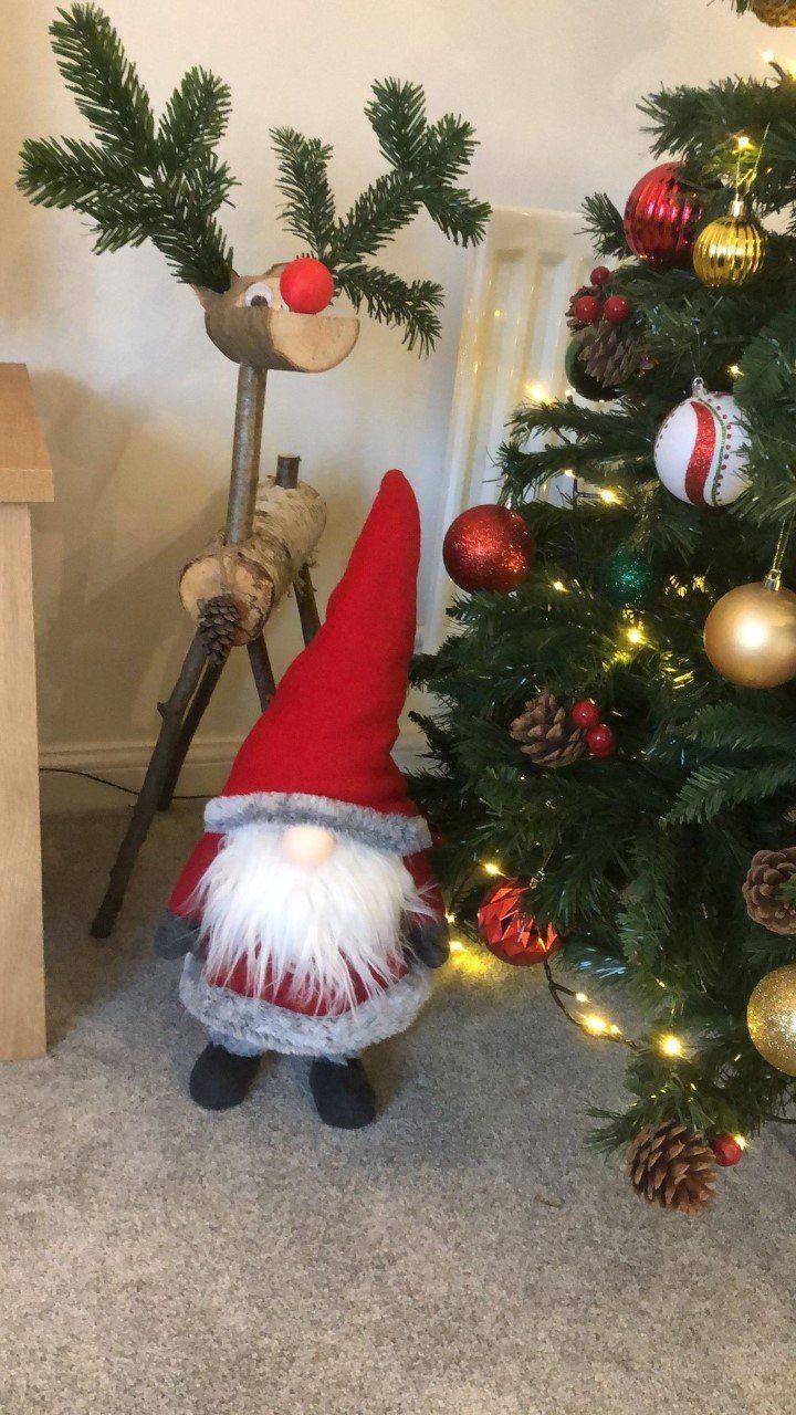 Christmas gnome stands near a decorated tree with a reindeer decoration.