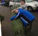 Two boys hugging a tall Christmas tree outside near cars. One wears a blue jacket.