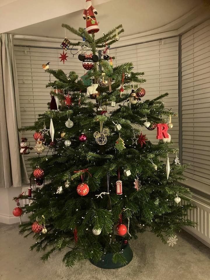Christmas tree decorated with ornaments, in a corner of a room, with blinds and a radiator visible.