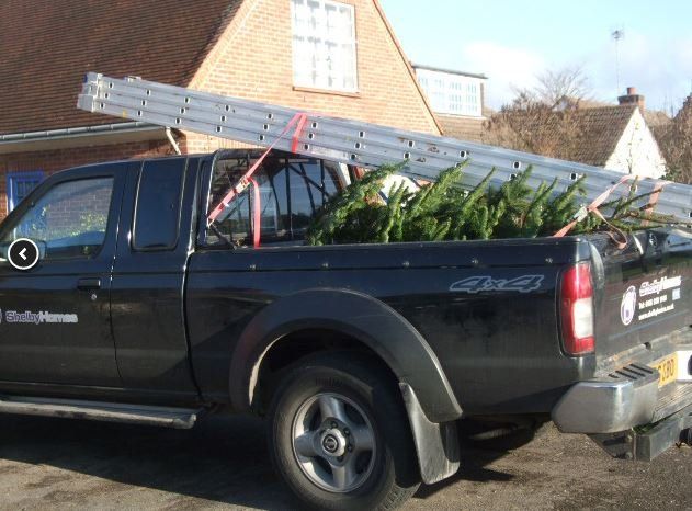 Black pickup truck carrying a ladder and greenery; parked in front of a house.