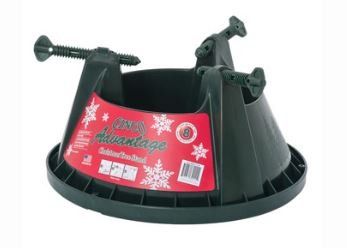 Dark green plastic Christmas tree stand with screw-in clamps and a red label.