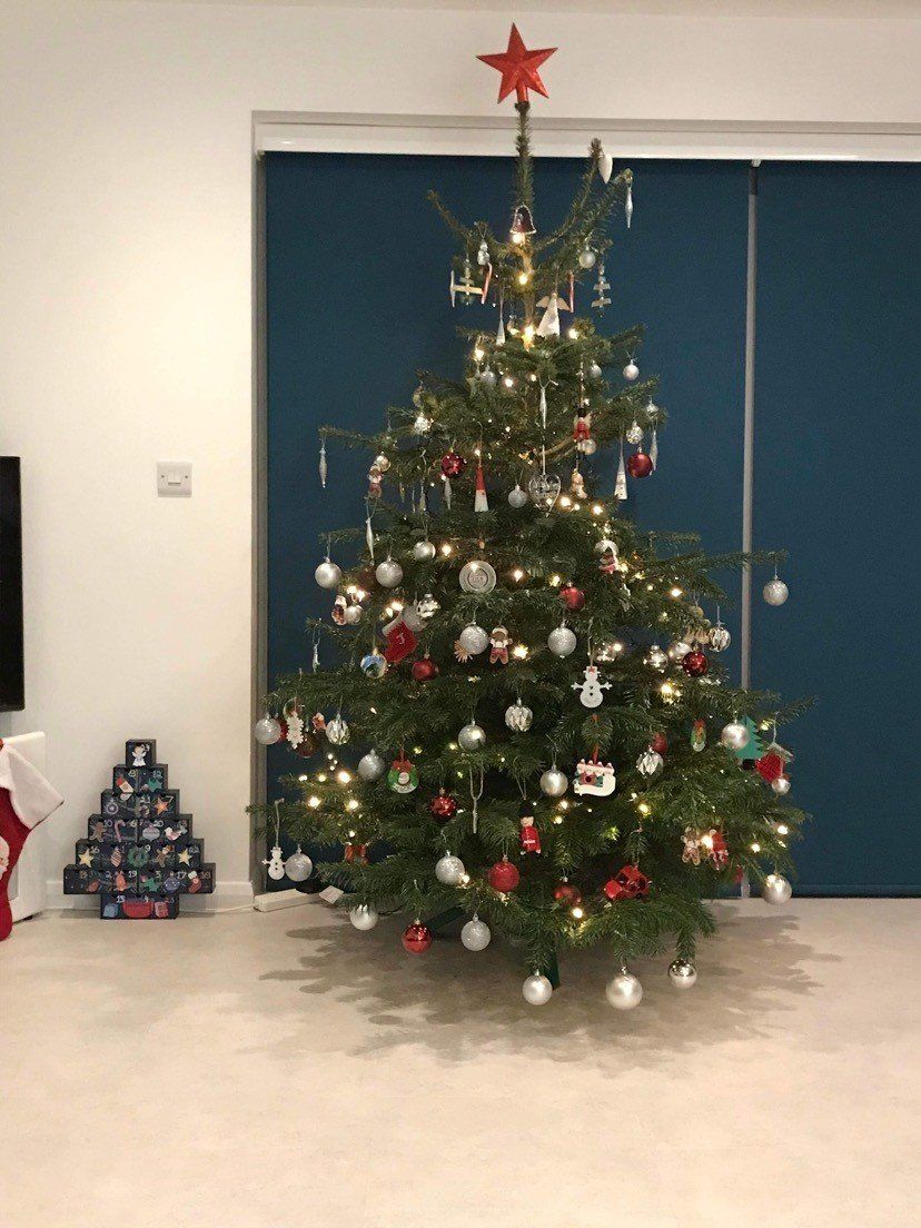 Christmas tree with red star, ornaments, and string lights. A stack of presents is next to the tree.
