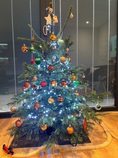 Christmas tree decorated with ornaments and lights, next to a window. A toy train track surrounds the tree.