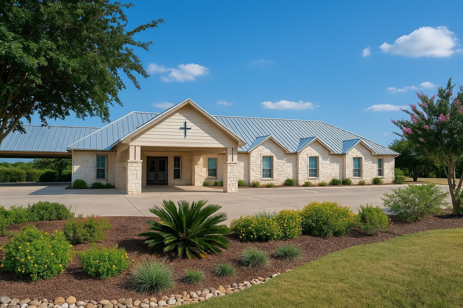 A funeral home with a black awning over the door
