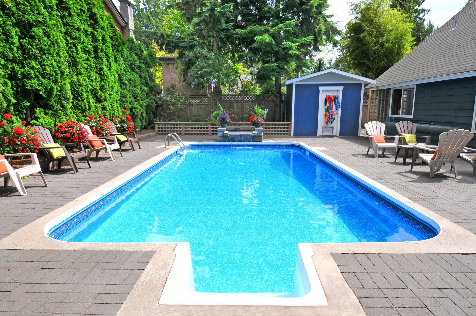 Modern inground pool in a landscaped backyard 
