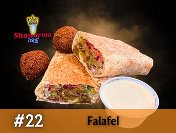 Falafel wrap cut open, with falafel balls and tahini sauce, from Shawarma King, labeled #22.