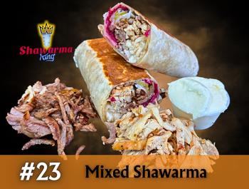 Mixed Shawarma wrap cut open, with pulled meat, chicken, and white sauce. Shawarma King logo.