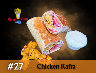 Shawarma King's #27 Chicken Kafta wrap, cut open, with grilled chicken pieces and a side of white sauce.