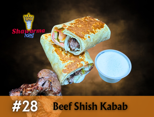 Beef Shish Kabab wrap with sauce, Shawarma King. Dark background.