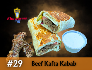 Beef Kafta Kabab wrap with a side of white sauce and a logo in the background.