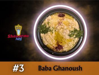 Baba Ghanoush dish in a black container, garnished with olive oil, parsley, and sumac, from Shawarma King.