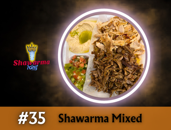 Shawarma mixed plate with hummus, salsa, and meats. Shawarma King logo.