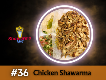 Chicken shawarma plate with rice and salad. Restaurant logo on left.