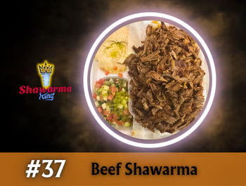 Beef shawarma dish on a plate with hummus and salad, lit by a glowing circle, with a logo for 