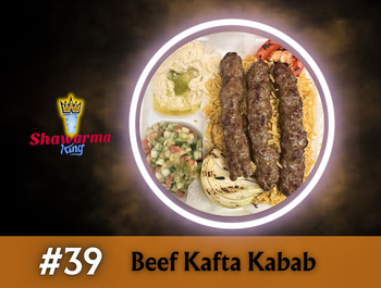 Beef Kafta Kabab on a plate with sides. Shawarma King logo is visible.
