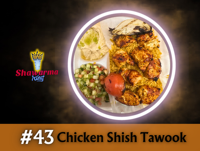 Plate of Chicken Shish Tawoook with rice, salad, and pita bread, lit by a glowing ring light, Shawarma King logo.
