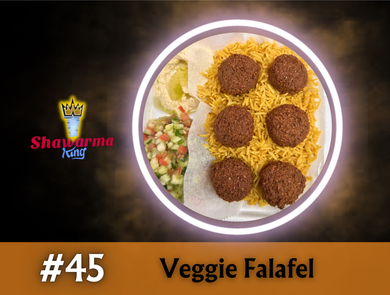 A plate with six falafel balls, rice, hummus, and a salad. Signage: 