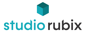 The studio rubix logo has a blue cube on it.