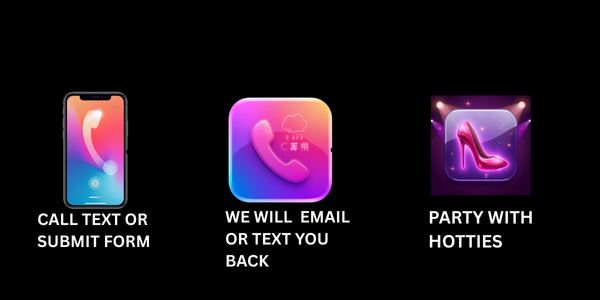 Three icons: phone, phone/email, high heel. Instructions: call, text, email, party.