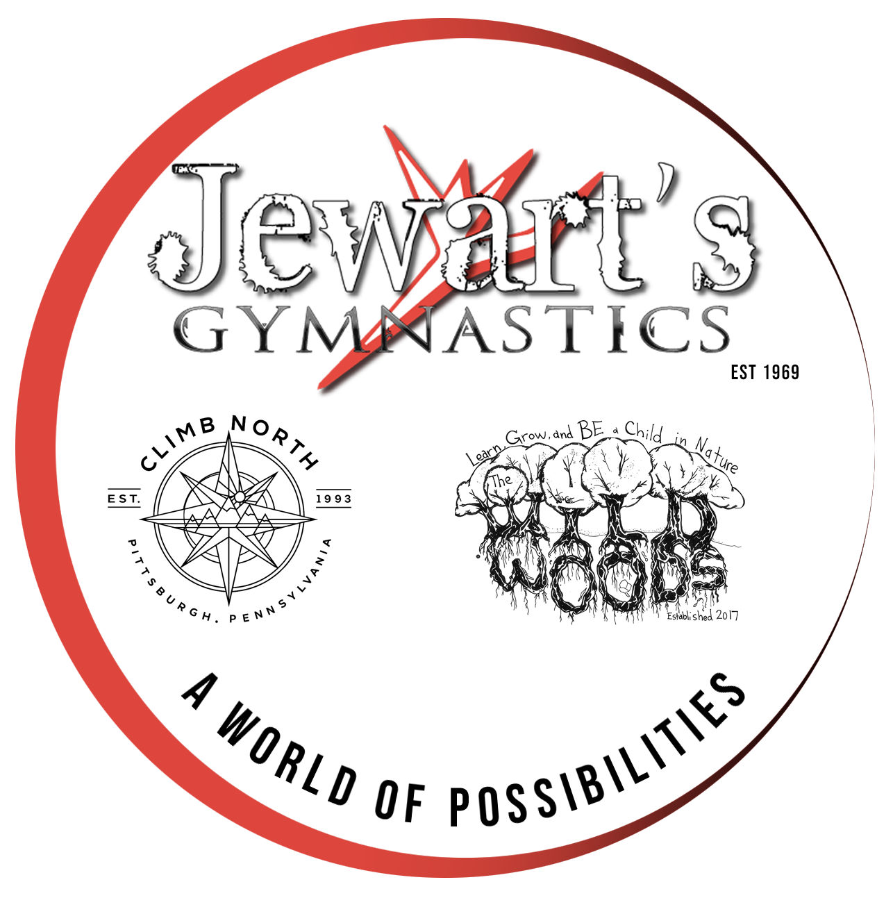 Logo for Jewart's Gymnastics, a red and white circular design with text and graphics.