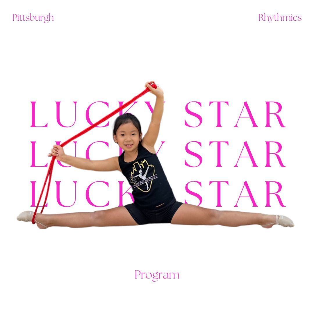 Girl doing the splits, holding a red ribbon, program titled